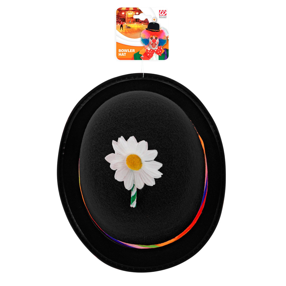 Schwarze Clown-Melone mit Blume aus Filz von Widmann – Detailansicht