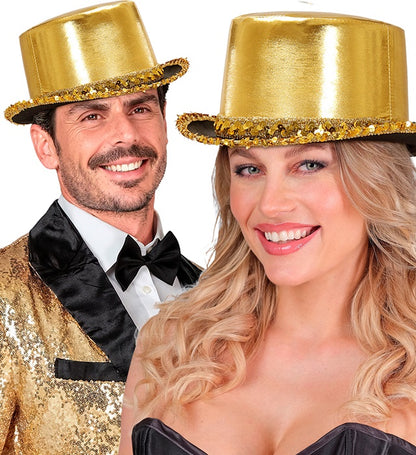 "ZYLINDER LAMÉ GOLD MIT PAILLETTENVERZIERUNG" 11 cm