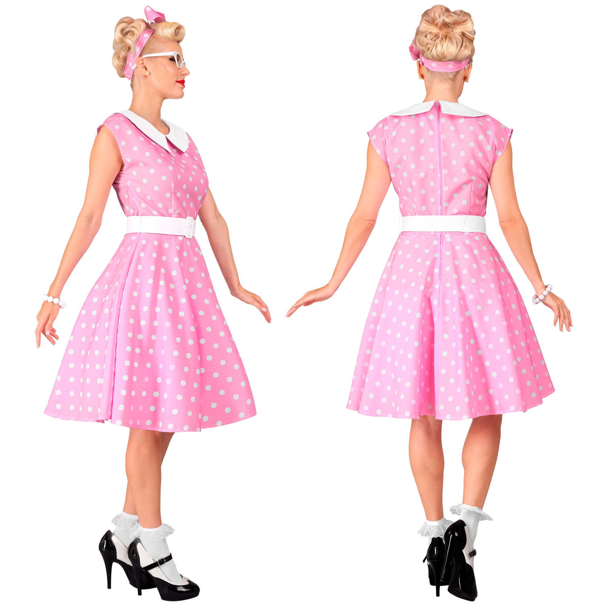 "50er JAHRE ROCK'N'ROLL MODE ROSA" (Kleid mit Petticoat, Gürtel, Haarband)