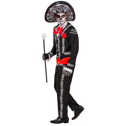 Widmann Mariachi Día de los Muertos Kostüm für Herren mit Jacke Hemd Weste Fliege Hose und Sombrero – Seitenansicht