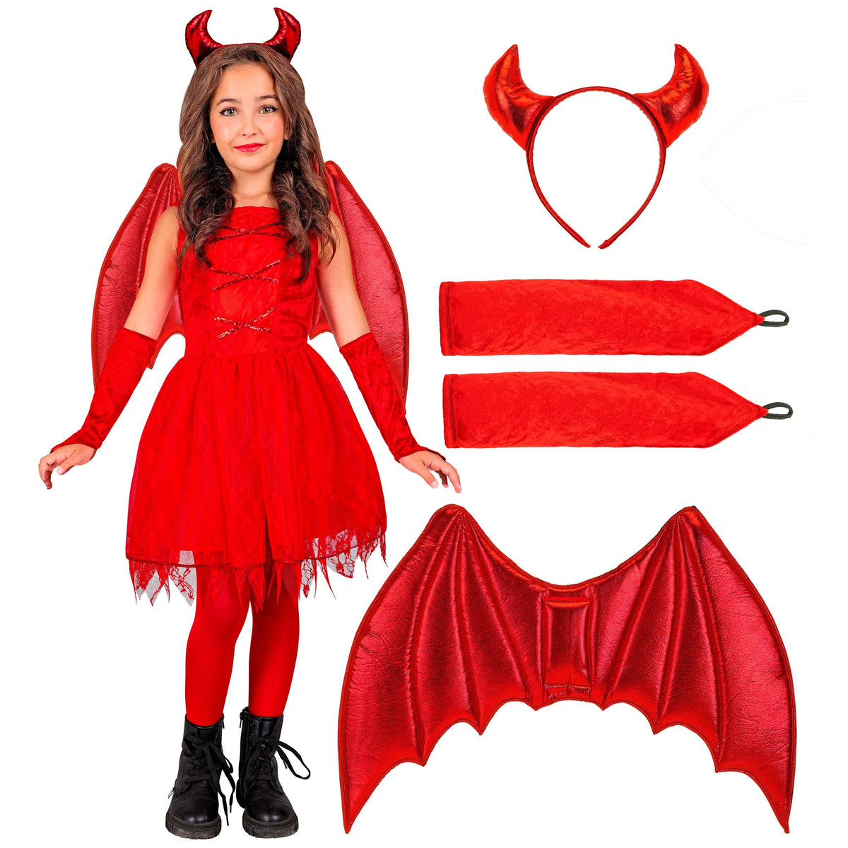 "TEUFEL" (Kleid, Schwanz, Hörner, fingerlose Handschuhe)