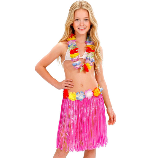 Pinker Hawaii-Bastrock für Kinder mit Blumengürtel, 40 cm, Widmann – Produktansicht
