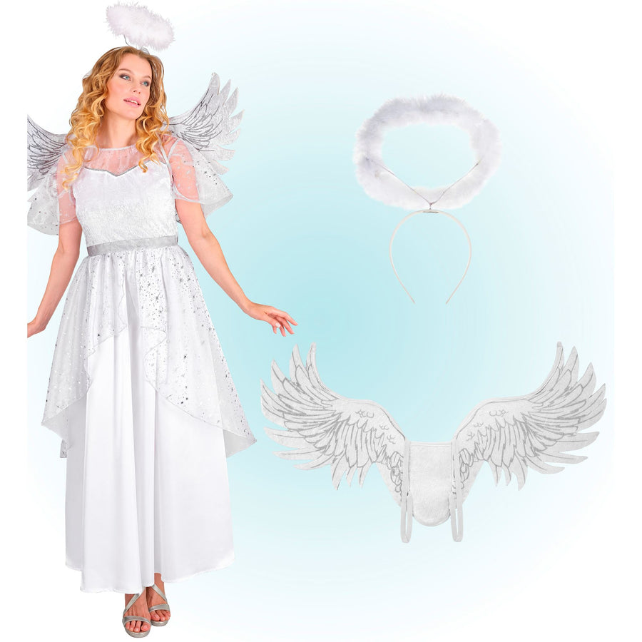 Engel-Kostüm mit weissem Kleid, Flügeln und Heiligenschein von Widmann – Detailansicht