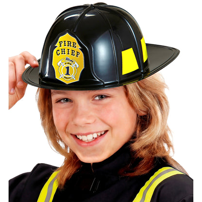 Schwarzer Feuerwehrhelm aus Hartplastik von Widmann – Rückansicht