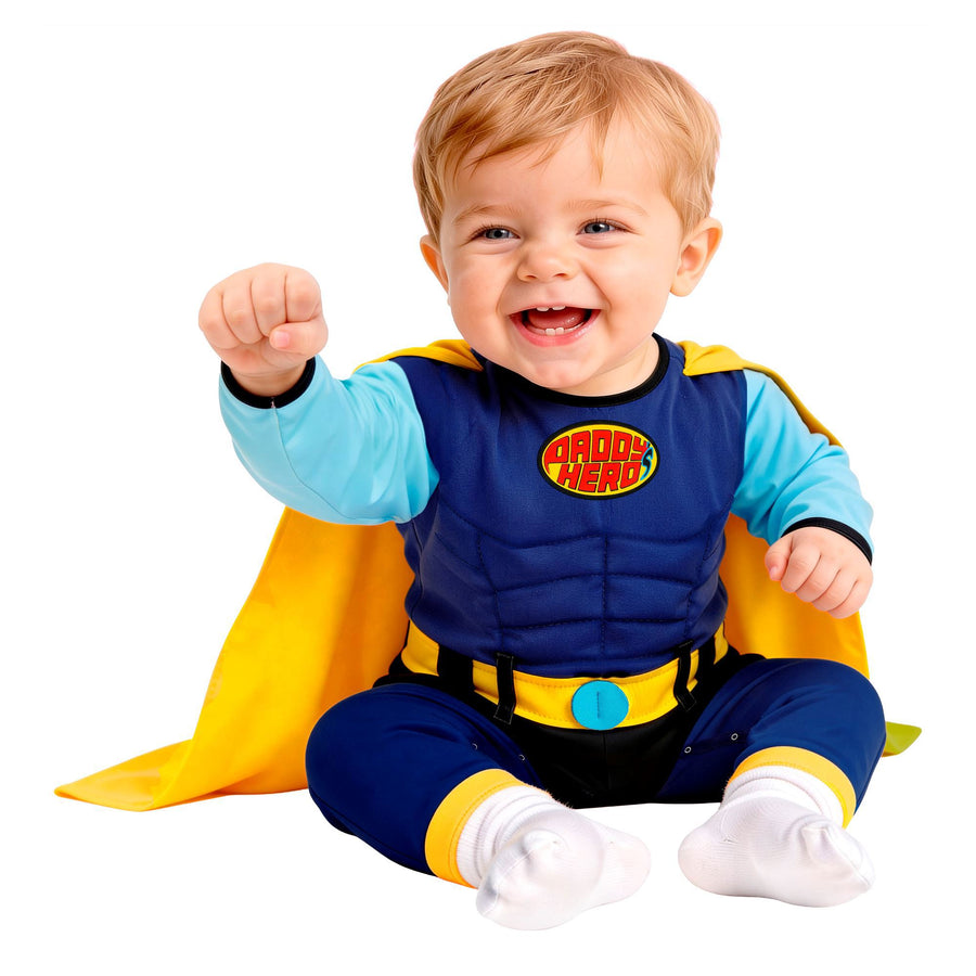 Widmann Baby-Kostüm Super Baby mit blauem Overall und Umhang – Detailansicht