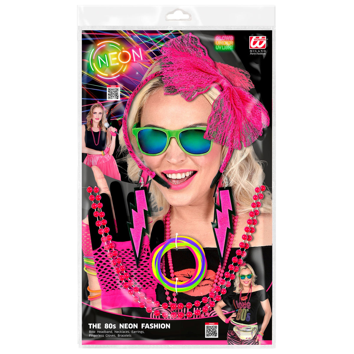 "80er JAHRE MODE ACCESSOIRES NEON PINK" (Haarreif mit Schleife aus Spitze, 2 Perlenketten, Paar Ohrringe, Paar fingerlose Netzhandschuhe, 10 Armbänder)