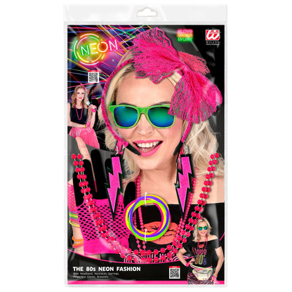 "80er JAHRE MODE ACCESSOIRES NEON PINK" (Haarreif mit Schleife aus Spitze, 2 Perlenketten, Paar Ohrringe, Paar fingerlose Netzhandschuhe, 10 Armbänder)