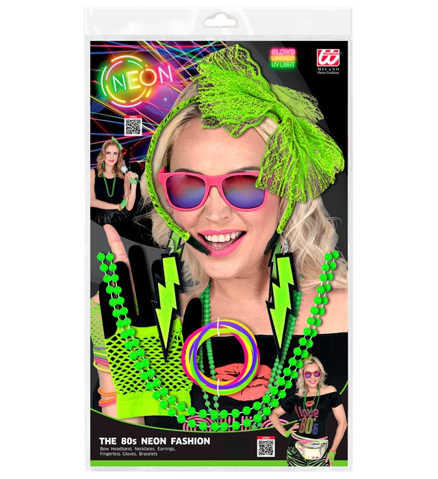 80er-Jahre-Accessoire-Set Neon-Grün von Widmann mit Haarreif, Schmuck, Netzhandschuhen und Armbändern – Detailansicht
