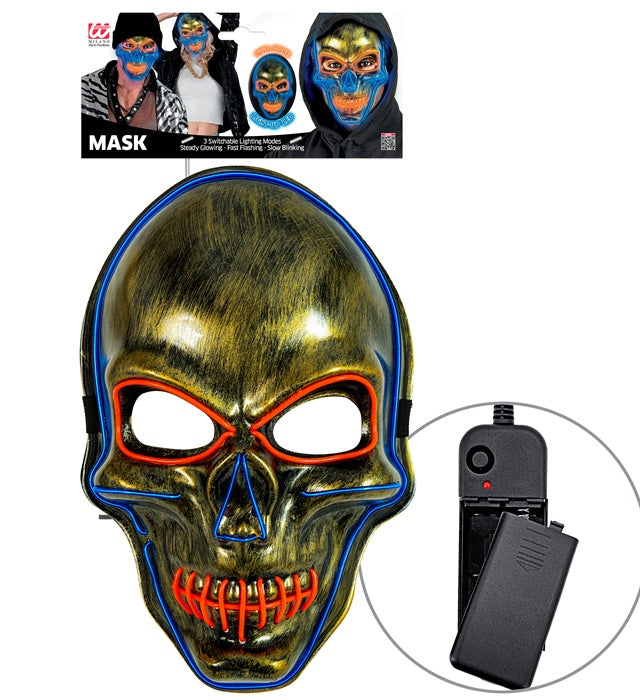 "GOLDENE TOTENKOPFMASKE MIT FARBIGEN LEDS"