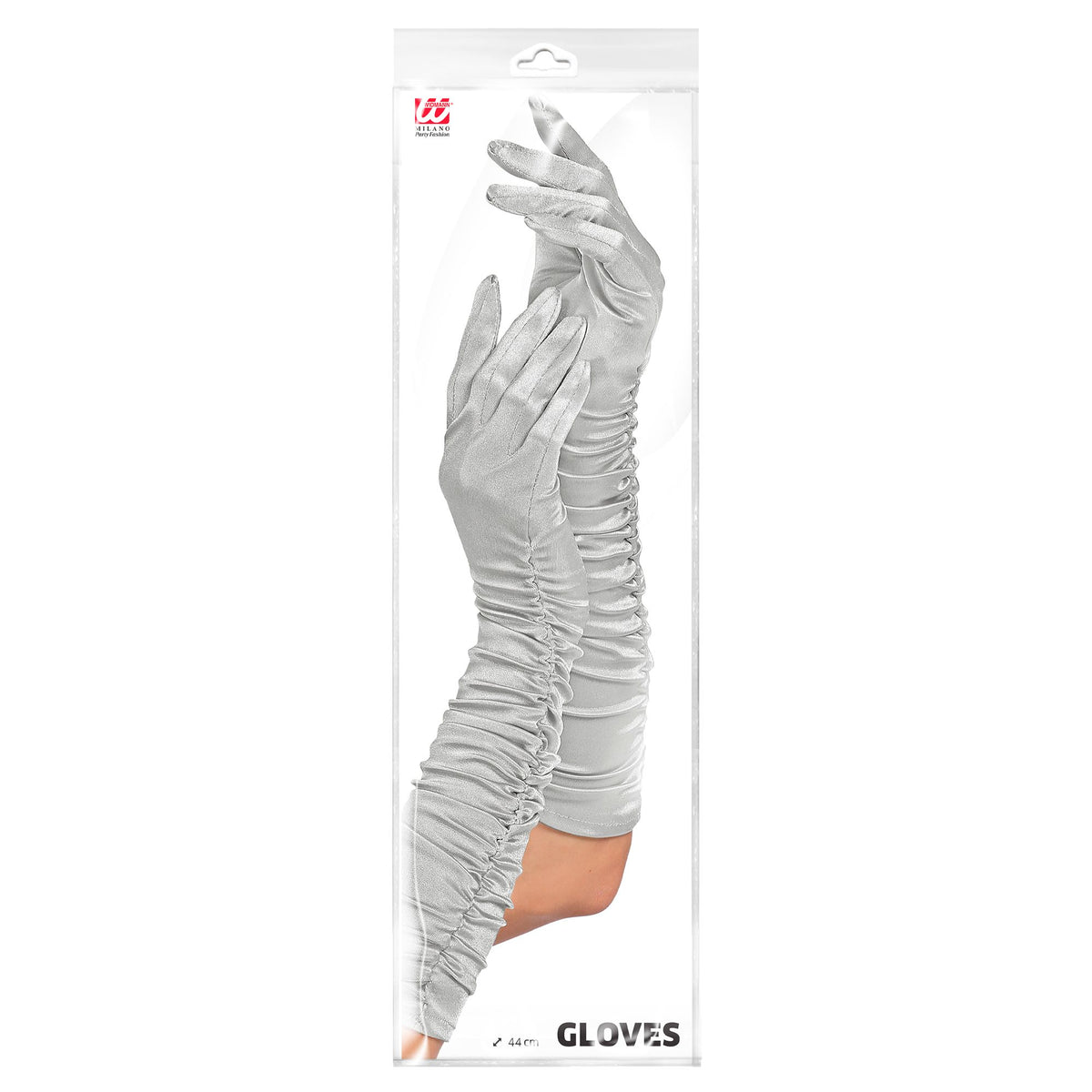 "GERAFFTE SILBERNE SATIN HANDSCHUHE IN ELASTHAN" 44 cm