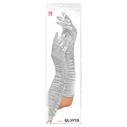 "GERAFFTE SILBERNE SATIN HANDSCHUHE IN ELASTHAN" 44 cm