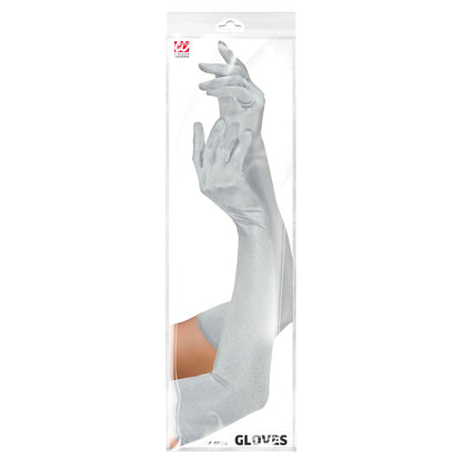 "LANGE HANDSCHUHE IN STRETCH-SATIN SILBER" 60 cm