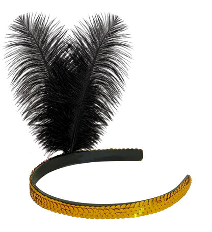 "GOLDENES STIRNBAND AUS PAILLETTEN MIT 2 FEDERN" 25 cm