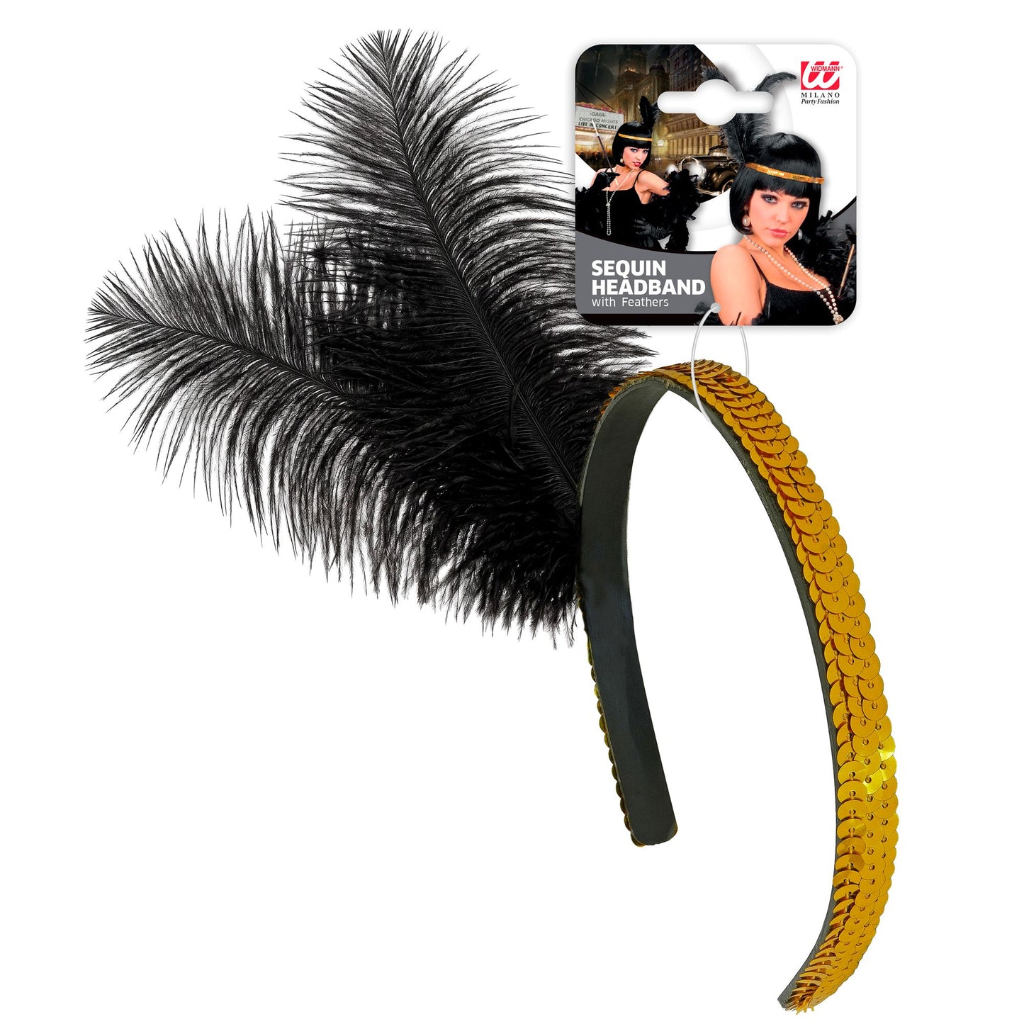 Golden schimmerndes Stirnband mit Pailletten & Federn – 25 cm elegant