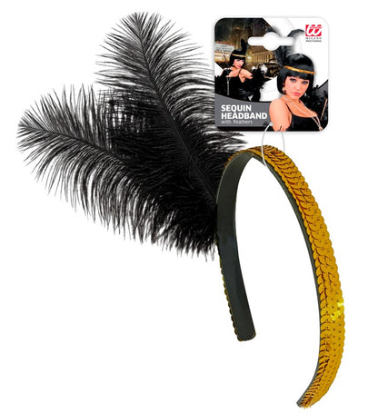 "GOLDENES STIRNBAND AUS PAILLETTEN MIT 2 FEDERN" 25 cm