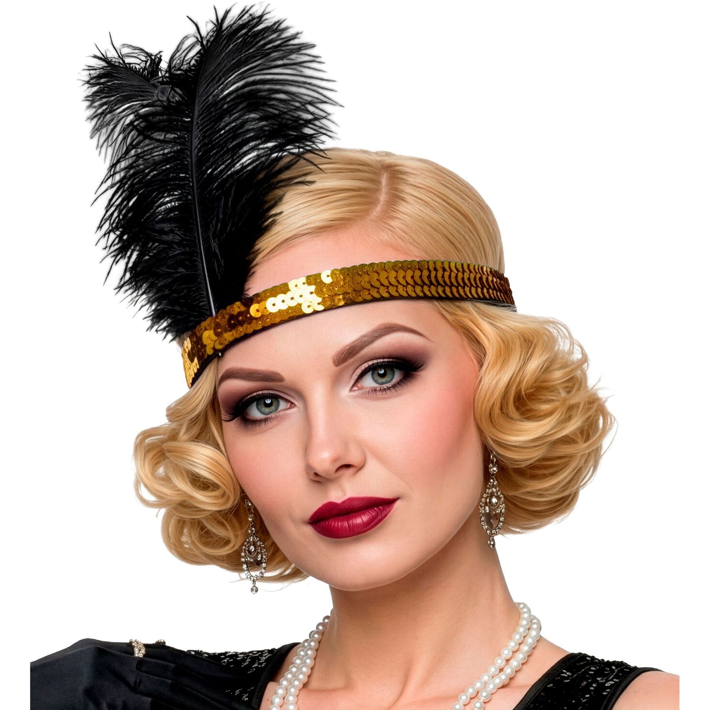 Golden schimmerndes Stirnband mit Pailletten & Federn – 25 cm elegant