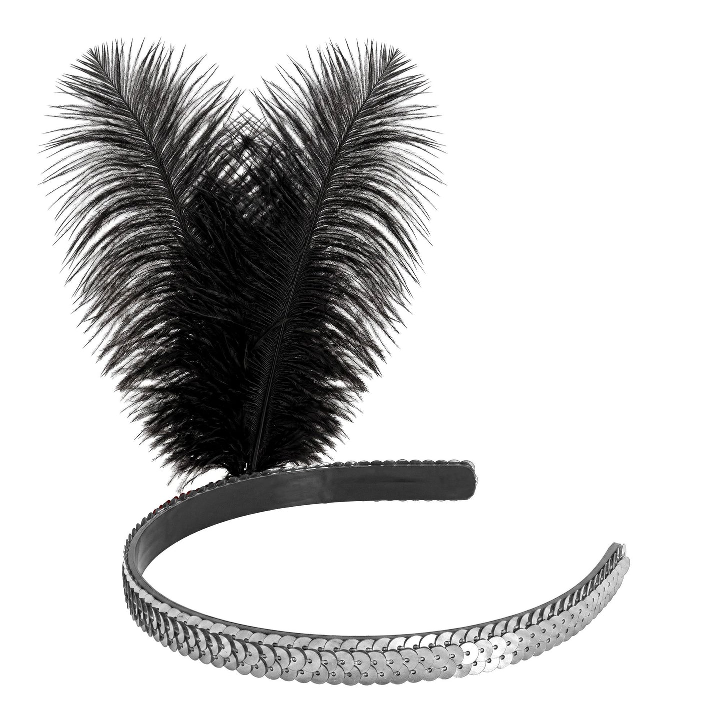 Elegantes silbernes Stirnband mit Pailletten und Federn – 25 cm Fasnachts-Accessoire