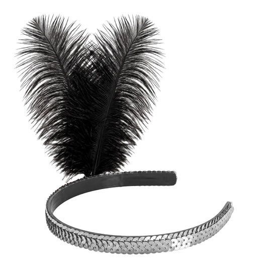 Elegantes silbernes Stirnband mit Pailletten und Federn – 25 cm Fasnachts-Accessoire