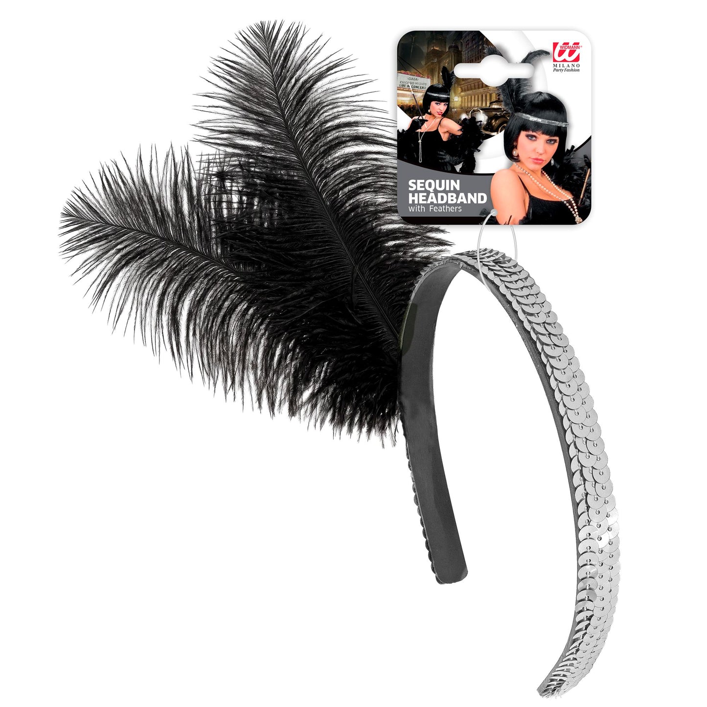 Elegantes silbernes Stirnband mit Pailletten und Federn – 25 cm Fasnachts-Accessoire