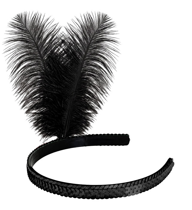 "SCHWARZES STIRNBAND AUS PAILLETTEN MIT 2 FEDERN" 25 cm