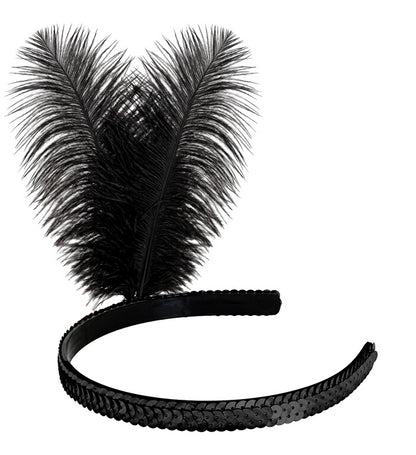 "SCHWARZES STIRNBAND AUS PAILLETTEN MIT 2 FEDERN" 25 cm