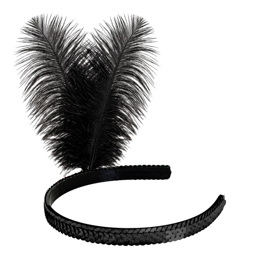 Widmann Schwarzes Pailletten-Stirnband mit 2 Federn 25cm für Fasnacht