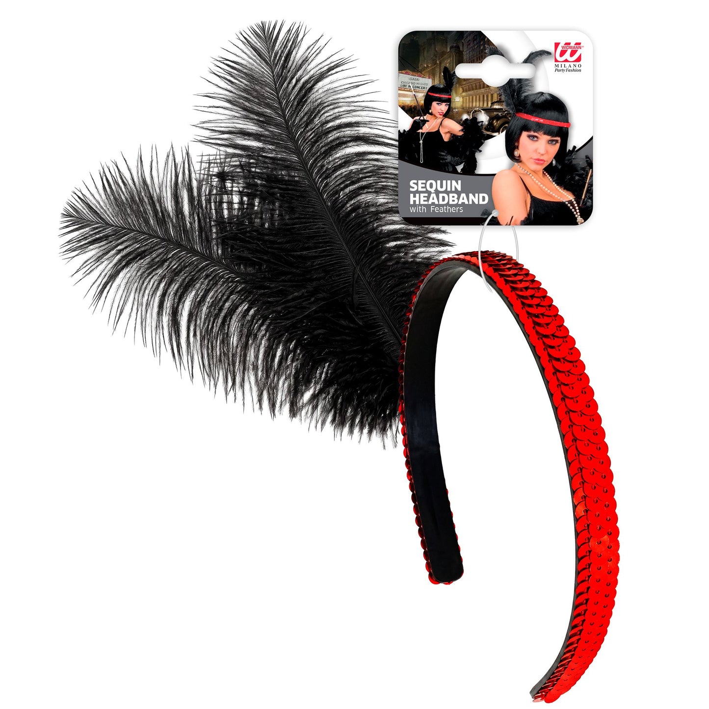 Rotes Pailletten-Stirnband mit 2 Federn – Glänzendes Festaccessoire 25 cm