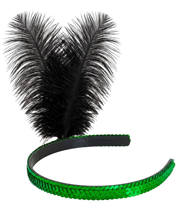 Grünes Widmann Stirnband mit Pailletten und zwei Federn, 25 cm – Produktansicht