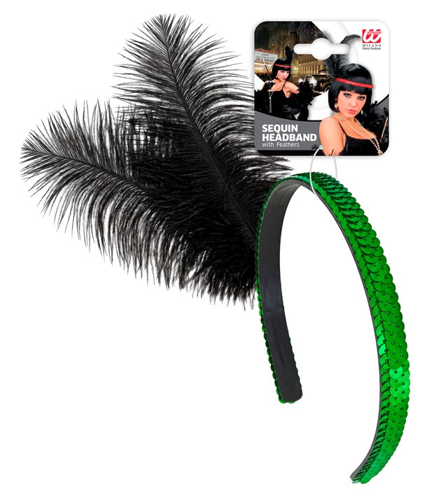 Grünes Widmann Stirnband mit Pailletten und zwei Federn, 25 cm – Detailansicht