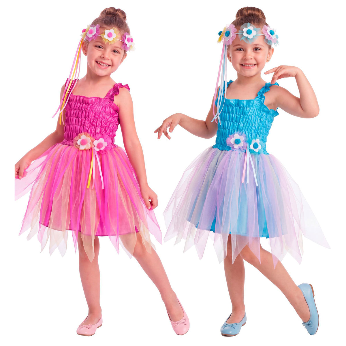 Widmann Ballerina-Fee-Kostüm für Kinder mit Kleid und Blumen-Haarreif in Hellblau oder Rosa – Produktansicht