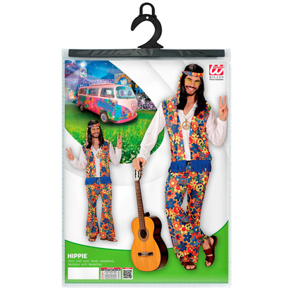 "HIPPIE MAN" (Hemd mit Weste, Hose, Kopftuch, Kette mit Peacezeichen)