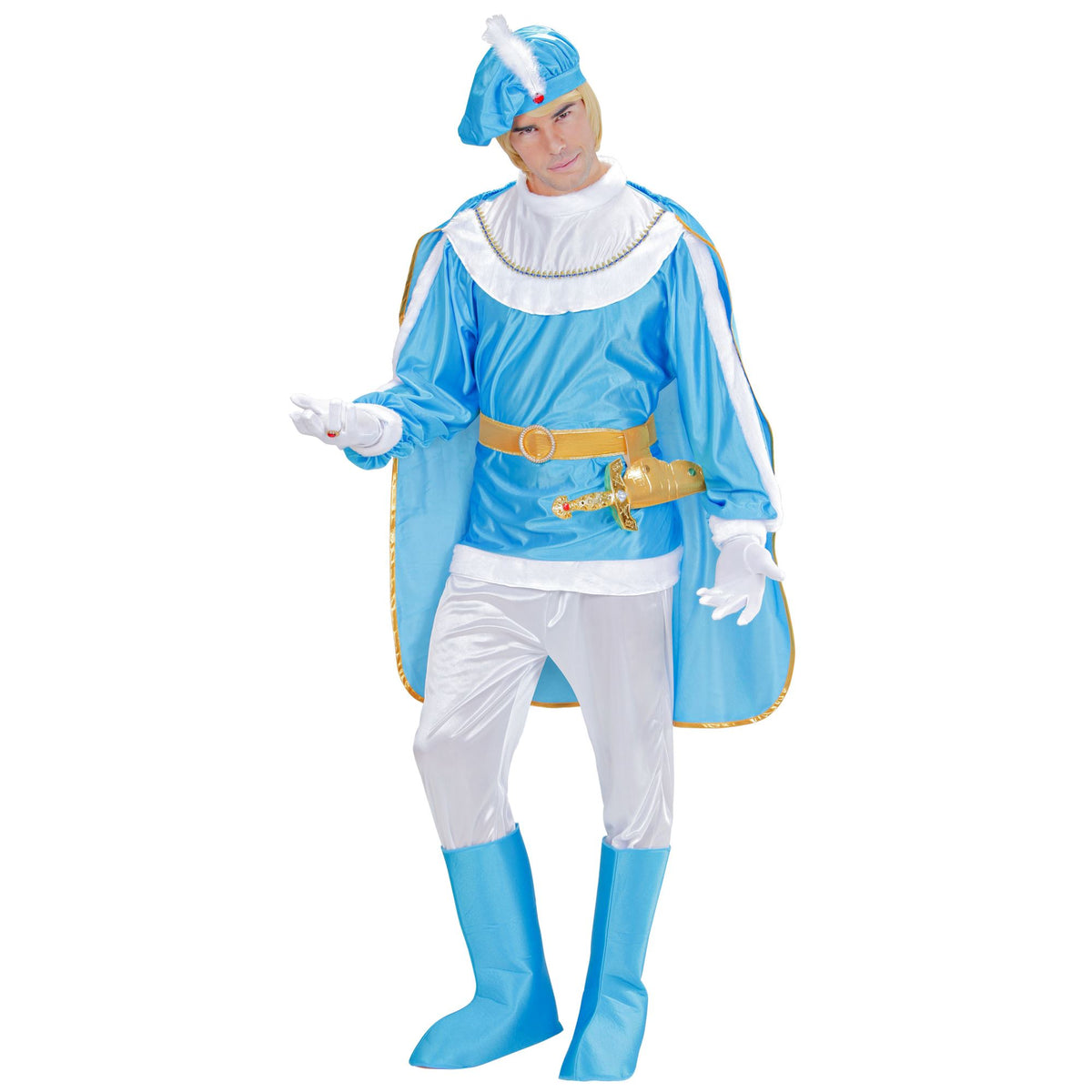 "BLAUER PRINZ" (Kasack, Hose, Gürtel mit Dolchhalfter, Stiefelüberzieher, Umhang, Hut mit Edelstein und Feder)
