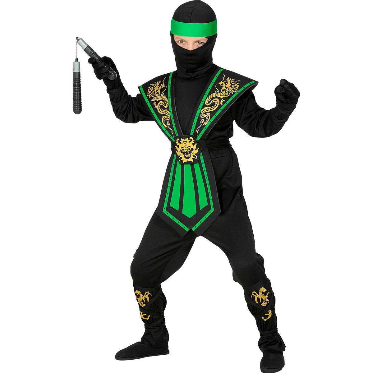 "GRÜNER KOMBAT NINJA" (Overall, Brustrüstung, Gürtel, Arm- und Beinschnüre, Maske, Stirnband)