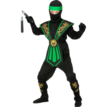 "GRÜNER KOMBAT NINJA" (Overall, Brustrüstung, Gürtel, Arm- und Beinschnüre, Maske, Stirnband)