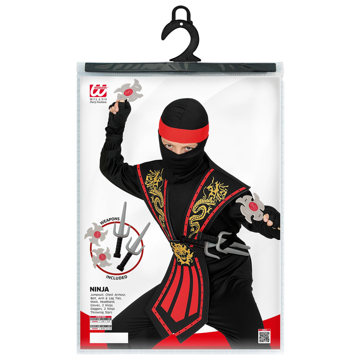 Rotes Widmann Ninja-Kostüm für Kinder mit Waffenset – Verpackung