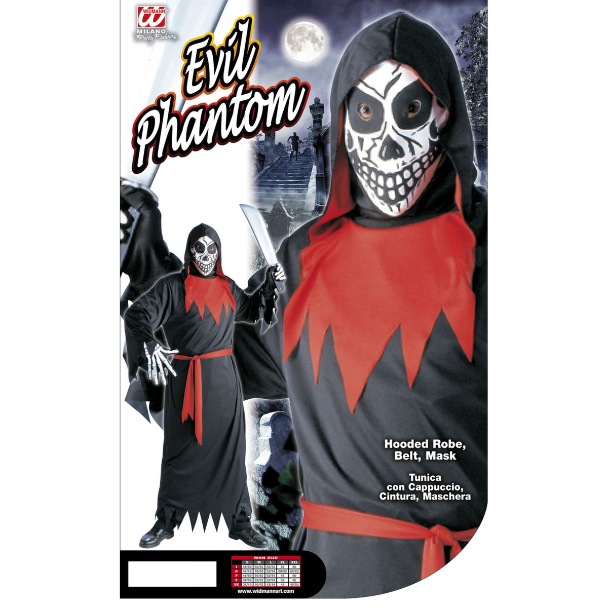 Böses Phantom Kostüm von Widmann mit schwarzer Robe, Kapuze, Gürtel und Maske – Verpackung