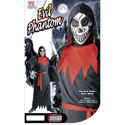 Böses Phantom Kostüm von Widmann mit schwarzer Robe, Kapuze, Gürtel und Maske – Verpackung