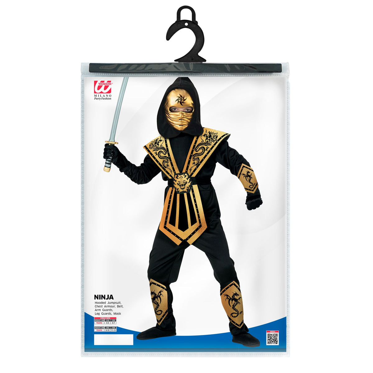 "GOLDENER KOMBAT NINJA" (Overall mit Kapuze, Brustrüstung, Gürtel, Arm- und Beinschnüre, Maske)