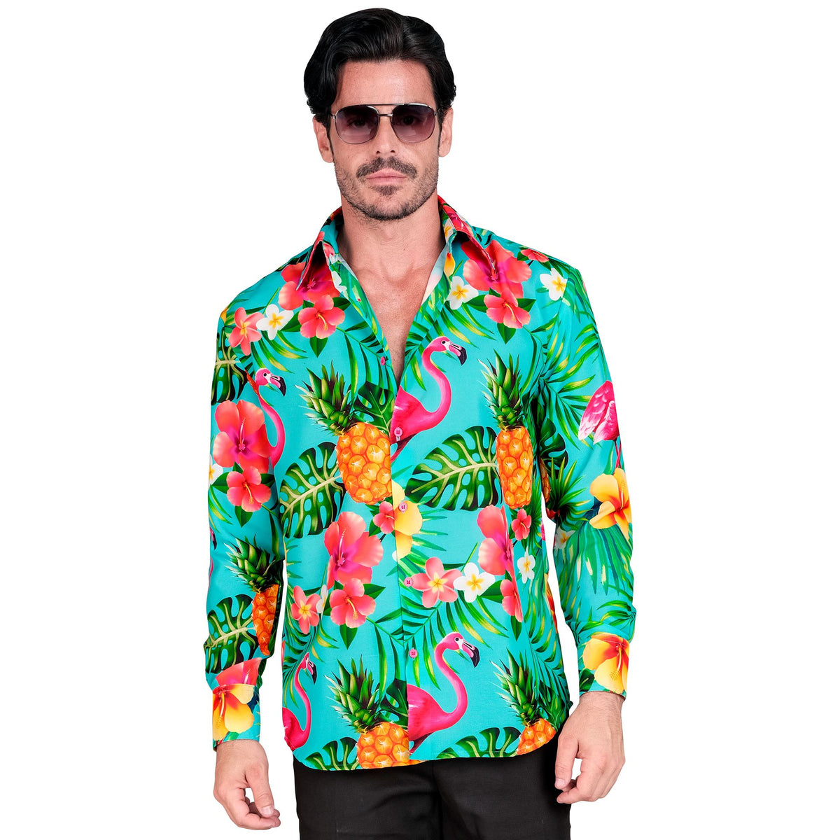 Widmann Neon Flamingo Party Fashion Hemd türkis hellblau – Seitenansicht