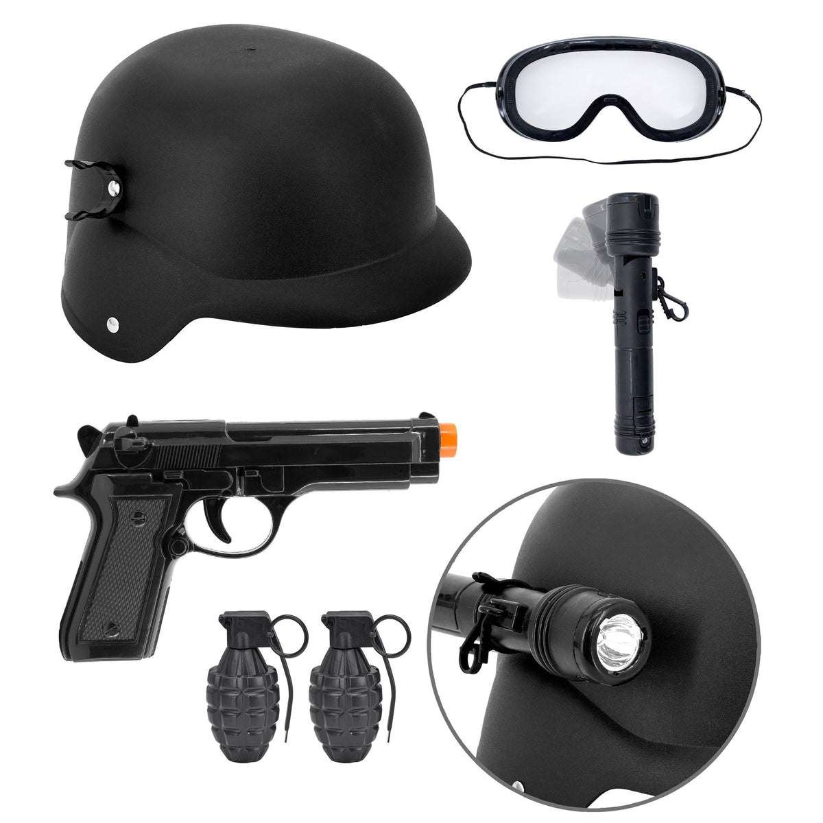 "SET S.W.A.T." (Helm mit taktischer Brille und Taschenlampe, Pistole, 2 Handbomben)