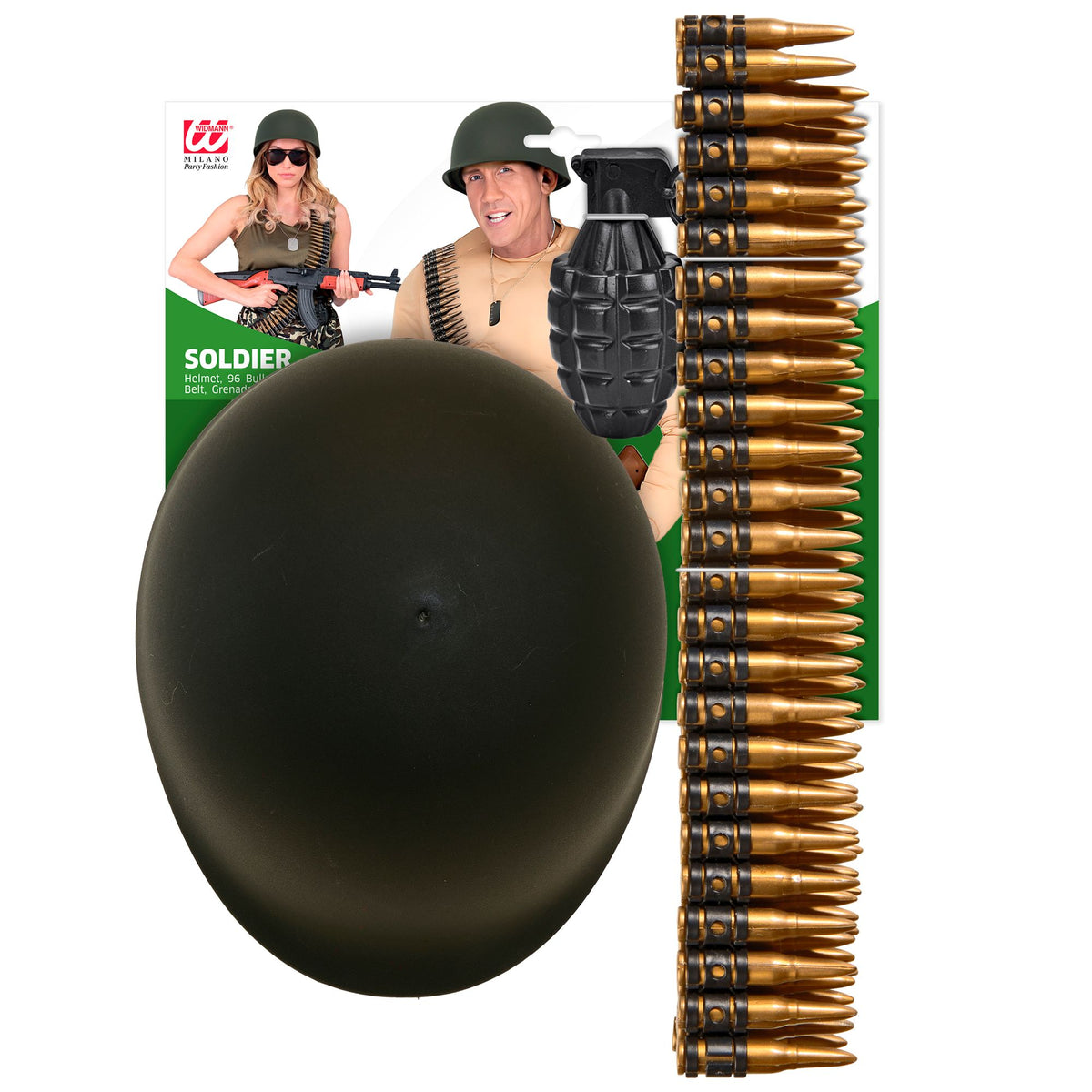 "MILITÄRSET" (Helm, Gürtel 96 Kugeln, Handbombe)