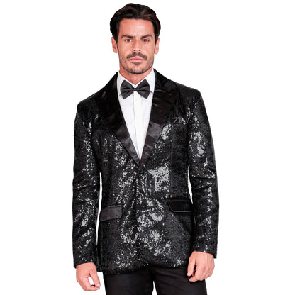 "PARTY FASHION JACKETT" (Pailletten Jackett mit Satinkragen und -taschen schwarz)