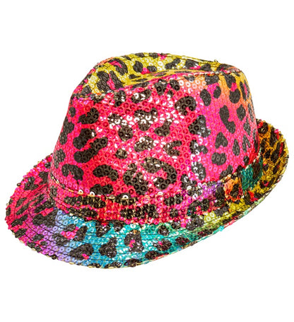 "PAILLETTEN FEDORA IN LEOPARDENMUSTER REGENBOGEN"