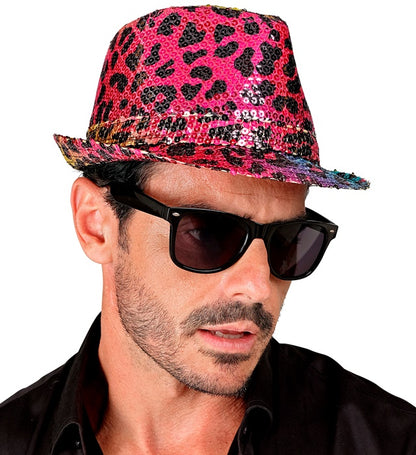 "PAILLETTEN FEDORA IN LEOPARDENMUSTER REGENBOGEN"