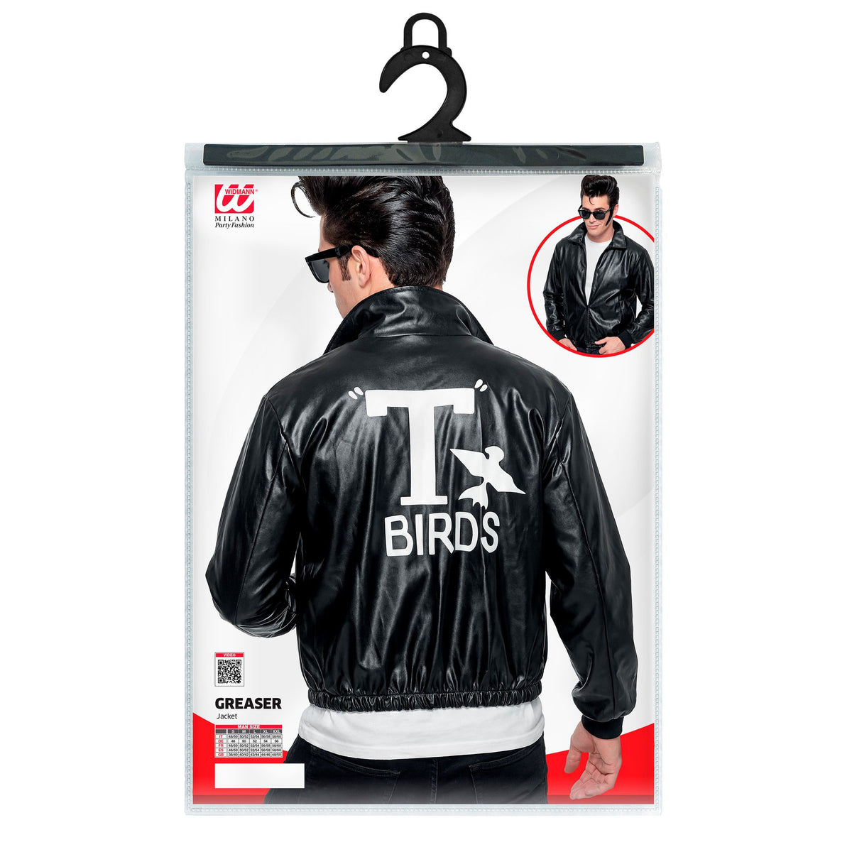 Schwarze Greaser-Jacke im T-Birds-Stil aus Kunstleder-Optik von Widmann – Verpackung