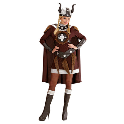 Widmann Wikingerin Viktoria Kostüm mit Kleid Gürtel Helm Umhang und Stiefelüberziehern – Produktansicht