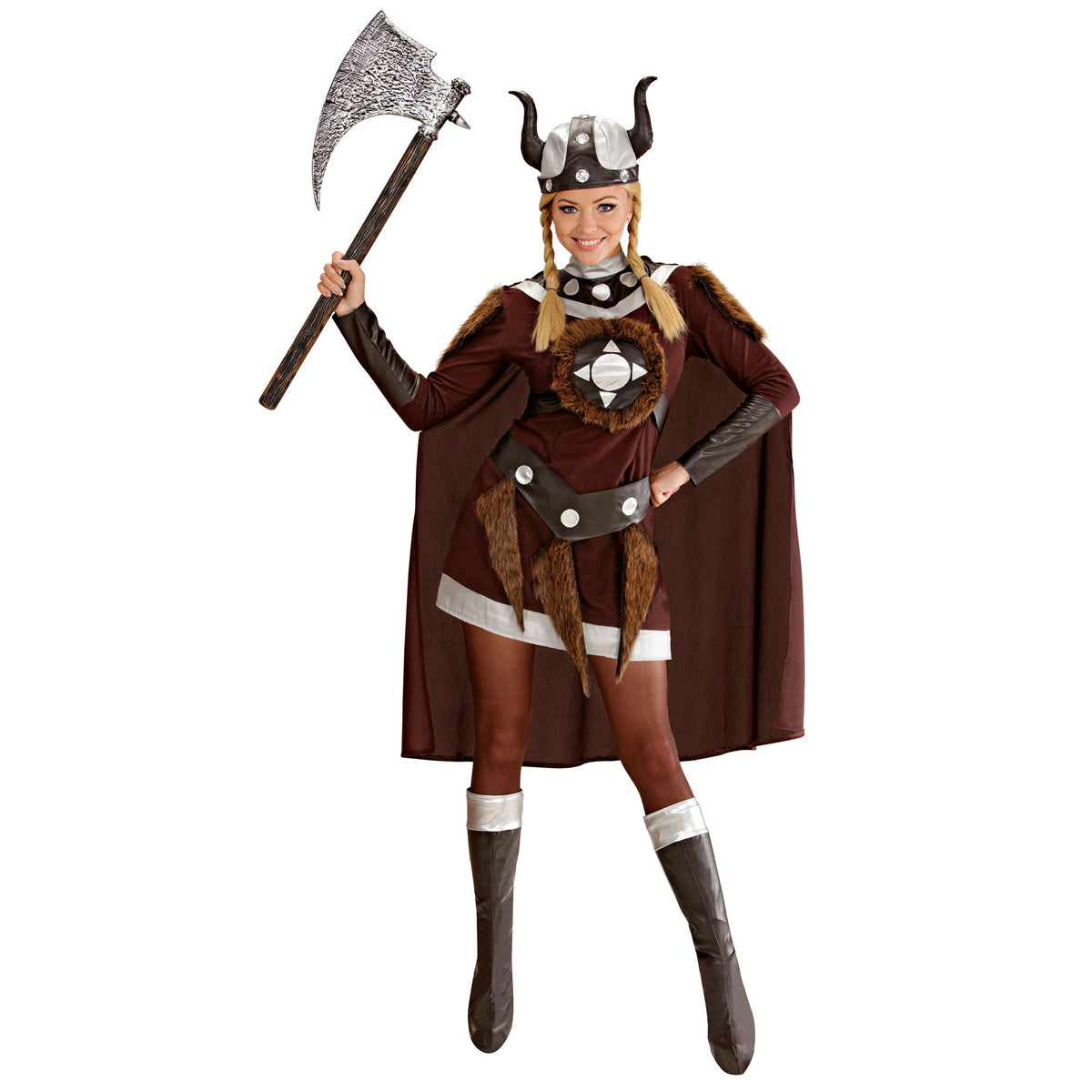 Widmann Wikingerin Viktoria Kostüm mit Kleid Gürtel Helm Umhang und Stiefelüberziehern – Detailansicht