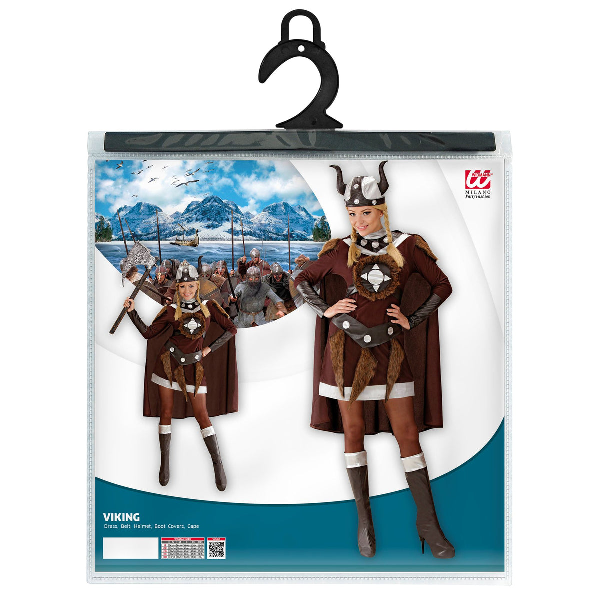 Widmann Wikingerin Viktoria Kostüm mit Kleid Gürtel Helm Umhang und Stiefelüberziehern – Rückansicht