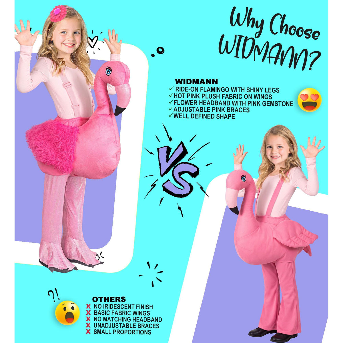 Widmann Flamingo Huckepack-Kostüm für Kinder mit verstellbaren Gurten und Kopfschmuck – Rückansicht