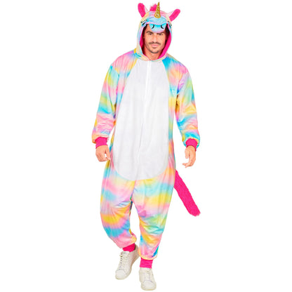 Widmann Einhorn Onesie Plüschkostüm für Erwachsene in Regenbogenfarben – Rückansicht